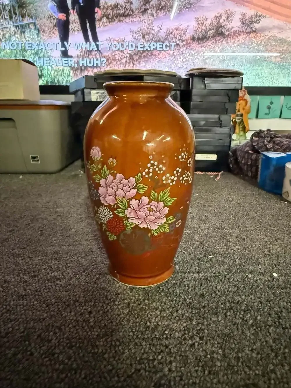 Vintage Japanese Ceramic Floral Vase Brown Glaze